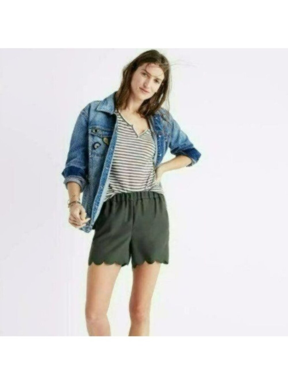 Madewell Women's Medium Green Pull On Scalloped Hem Mid Rise Crepe Shorts